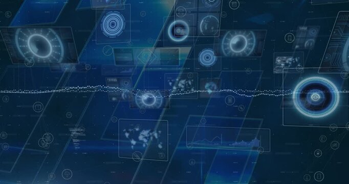 Multiple round scanners and screens with data processing against blue background