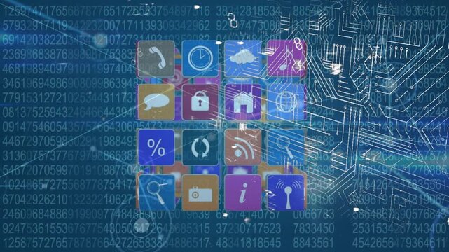 Animation of cube made of icons and digital padlock over data processing on navy background