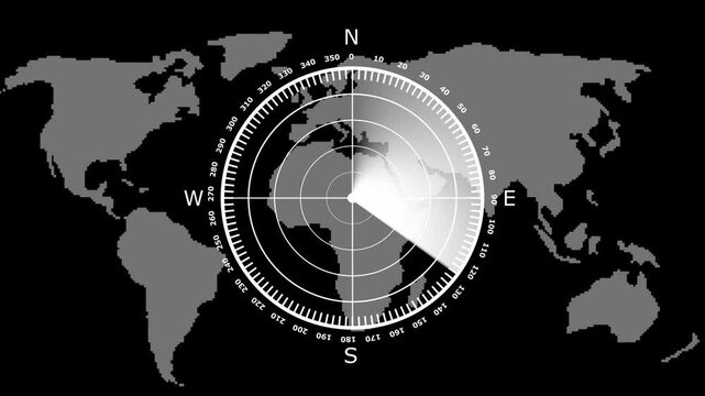 Global radar screen with world map and navigation display technology earth continent compass north technology earth continent compass north