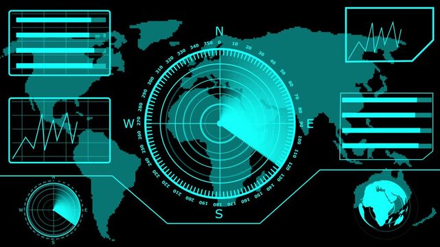 Digital radar screen with world map and data analysis navigation technology information interface tech navigation technology information interface tech