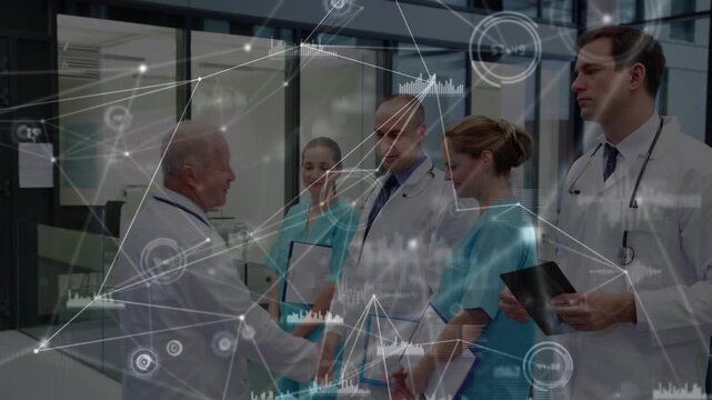Animation of connections over group of caucasian female and male doctors shaking hands