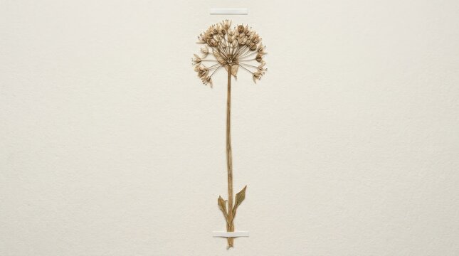 Dry wild garlic with faded umbels and slender stems, frontal isolated preserved plant specimen in crisp natural detail, ultra-realistic, no logos.