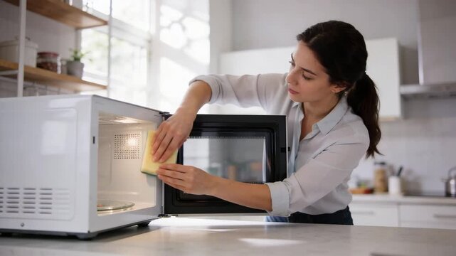 Woman cleaning microwave oven in modern kitchen, showing home hygiene routine, appliance maintenance, domestic chores, and everyday household care.