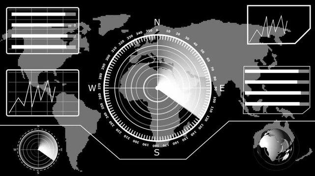 Radar display with world map and data charts analysis navigation technology screen information analysis navigation technology screen information