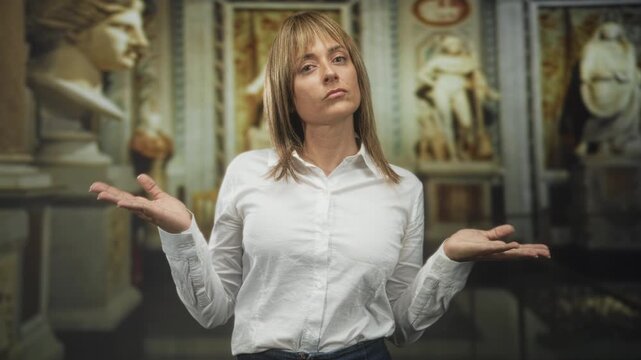 Woman touching hair with eyes closed, hands visible beside classical sculptures in a building; contemplation calm.