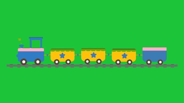 colorful toy train moving on track on green background simple animation kids transport playful concept