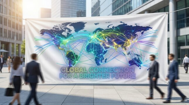 A white global communication banner with colorful interconnected network lines, bright technological optimism, ultra-realistic, no logos.