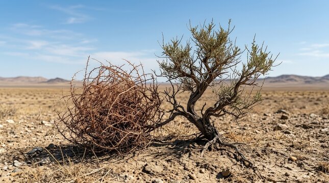 Russian thistle and saxaul in a dry-land botanical pairing, sparse rugged forms under sunny daylight in a clean isolated composition, ultra-realistic, no logos.