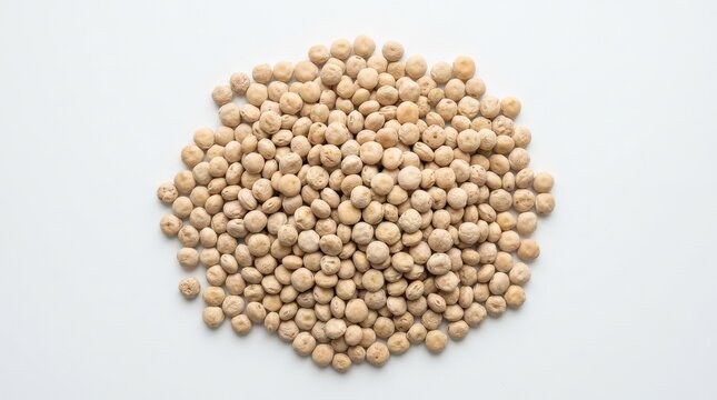 Top view of beige lupin beans piled on a white background, dry legume texture, clean minimal food styling, ultra-realistic, no logos.