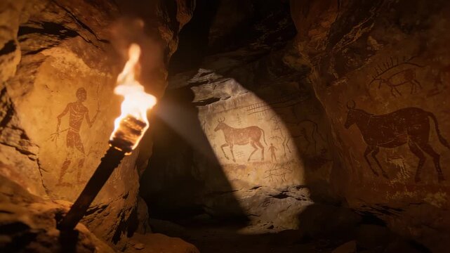 Torch lighting ancient cave paintings on rock walls, showing early human art, exploration, archaeology, history, culture, and discovery in a dark underground environment.