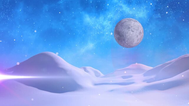 Animation of window and winter snowy landscape with moon