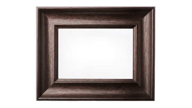 Dark brown wooden picture frame with ornate carved edges, isolated on transparent background