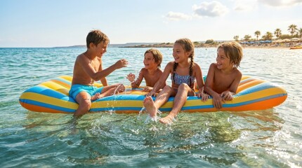 Obraz premium Happy tanned kids floating on an inflatable mattress in the ocean, sparkling summer water, playful movement and carefree vacation joy, ultra-realistic, no logos.