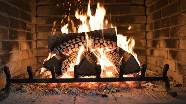 Wood burning in a brick fireplace for commercial backgrounds, digital design, and advertising