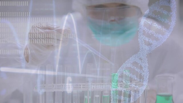Animation of dna strand and data processing over midsection of scientist using computer