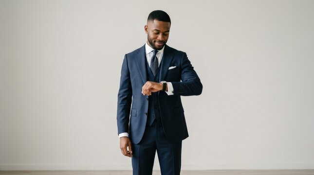 Young handsome Black man in an elegant suit looking at his watch, refined posture, tailored fashion and composed confidence, isolated clean backdrop, ultra-realistic, no logos.