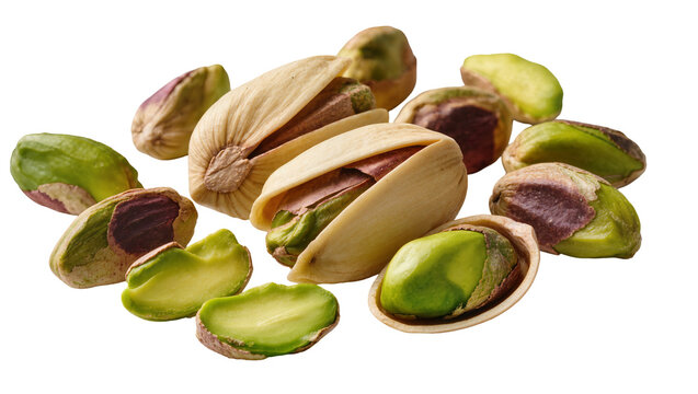 Pile of shelled and unshelled pistachios, isolated on transparent background