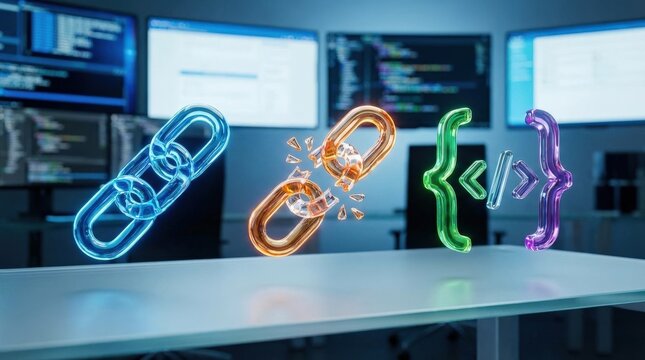 A liquid-glass icon set with link chain, broken link, and coding brackets, glossy developer symbols, modern technical workflow atmosphere, ultra-realistic, no logos.