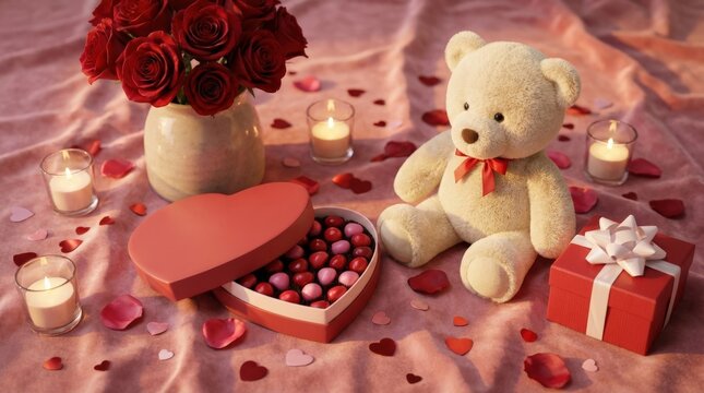 A Valentine collection with teddy bear, hearts, roses, gift box, and candles on a soft pink surface, romantic warm glow and affectionate festive mood, ultra-realistic, no logos.