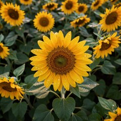 Fototapeta premium A stunning yellow sunflower covered in morning dew droplets stands out in a vibrant field of blooming sunflowers under soft natural light.