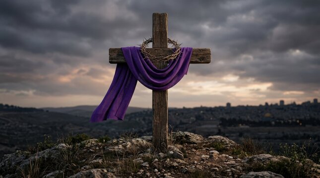 Wooden cross with a crown of thorns and draped purple cloth, solemn holy week passion symbolism with subtle resurrection hope, ultra-realistic, no logos.
