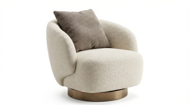 A modern swivel armchair with plush upholstery and a coordinating pillow isolated on a white background, soft contours and refined furniture lighting, ultra-realistic, no logos.