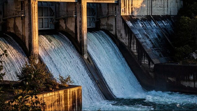 Powerful water cascades through the open spillway gates of a large hydroelectric dam at sunset creating clean renewable energy from natural flow.
