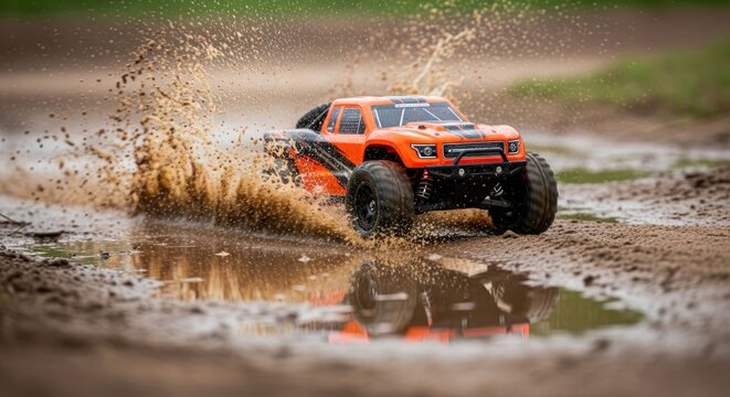 Orange RC Truck Splashing Through Muddy Water.