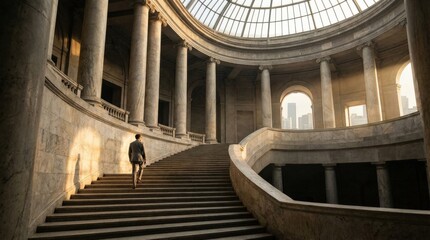 Obraz premium A man walking atop a grand staircase with columns and radiant light, monumental architecture, vast scale and a majestic atmosphere of corporate vision and achievement, ultra-realistic, no logos.