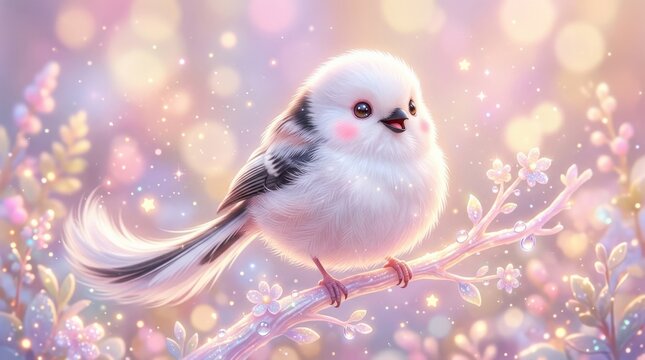 A soft chubby long-tailed tit in a dreamy kawaii icon pose, fluffy white feathers, rounded tiny body, pastel glow, glossy candy texture, sweet magical mood, ultra-realistic, no logos.
