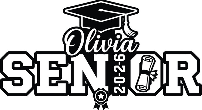 Olivia Senior 2026 - Personalized Graduation Cap Diploma Scroll Badge Typography T-Shirt Design Vector Illustration
