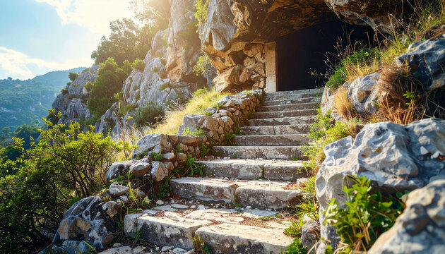 Ancient carved stone steps integrated into rugged hillside, cave entrance ahead, nature reclaiming architecture, soft light.