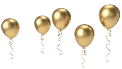 Fotobehang Goud Five golden balloons with curly ribbons, isolated on transparent background  © Nina
