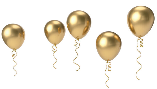 Five golden balloons with curly ribbons, isolated on transparent background