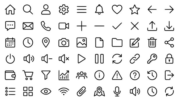 Minimal 60 small user interface line icon set with modern UI elements and editable stroke on white background