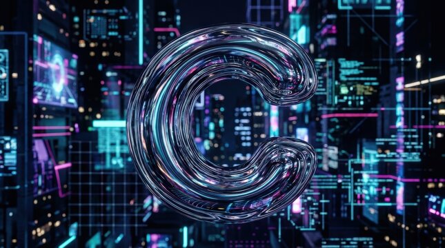 A Y2K chrome alphabet letter C, liquid metallic form, glossy reflective curves, futuristic typographic icon, ultra-realistic, no logos.