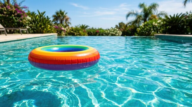 A rainbow inflatable ring floating on turquoise swimming pool water, sunlit ripples and fresh summer color palette symbolizing pride, diversity and carefree leisure with open copy space,