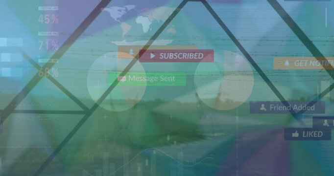 Sunset electric poles and financial graphs depict global business tech.