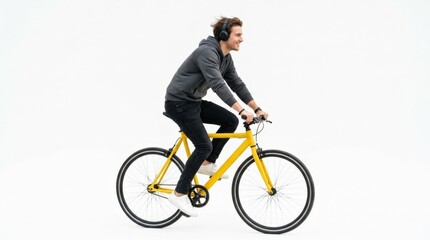 Naklejka premium A man with headphones riding a trendy yellow bike and listening to music, isolated on white background, urban motion and carefree modern lifestyle energy, ultra-realistic, no logos.
