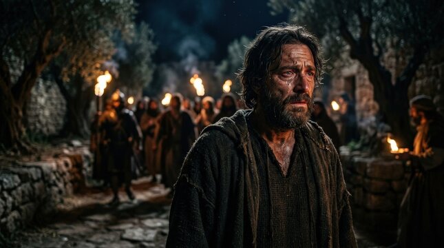 A tearful man gazing into the distance, blurred figures and torchlight behind him suggesting betrayal, textured face and sorrowful expression in a dark biblical atmosphere, ultra-realistic, no logos.