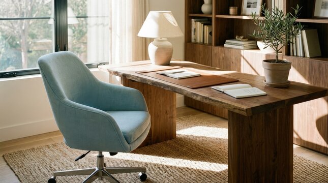 An elegant natural wood office table paired with a light blue swivel chair, modern workspace styling, warm textures and calm productive atmosphere, ultra-realistic, no logos.