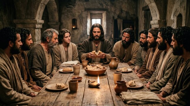 Jesus breaking bread at the Last Supper with the apostles, humble table setting, earthenware vessels and a solemn intimate biblical mood, ultra-realistic, no logos.