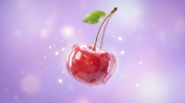 A dreamy kawaii cherry wobbling gently, glossy pastel purple backdrop, translucent candy shine, soft playful motion, sweet whimsical mood, ultra-realistic, no logos.