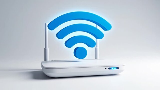A white Wi-Fi router with blue Wi-Fi symbol.