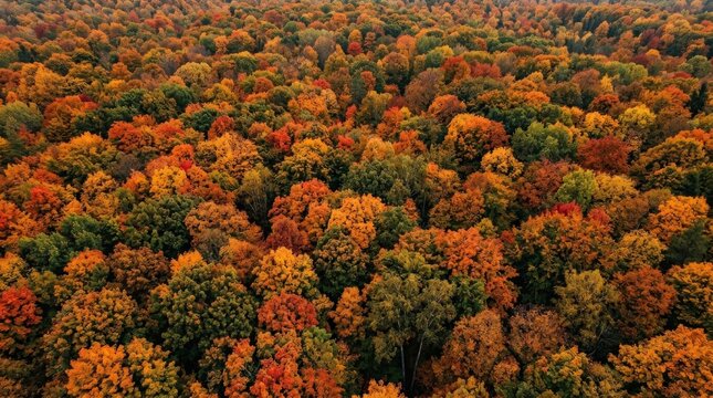 An aerial top view of a forest in autumn colors, layered treetops and rich seasonal variation forming a natural abstract pattern, ultra-realistic, no logos.