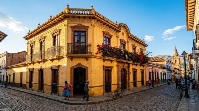 The golden house of Tarija, Bolivia, historic architecture glowing under warm sunlight, textured walls, elegant details and city charm, cinematic travel mood with crisp sky, ultra-realistic, no logos.