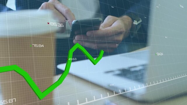 Animation of graph, changing numbers and grid pattern over caucasian woman scrolling on cellphone