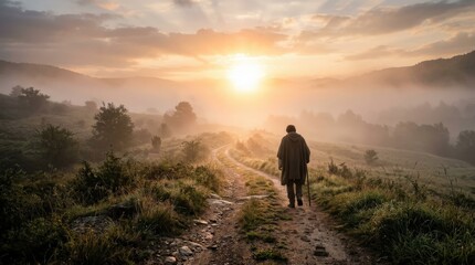Obraz premium Resurrection concept with glowing sunrise light at the end of a misty path, soft haze, subtle landscape textures and uplifting symbolism, hopeful faith-filled atmosphere, ultra-realistic, no logos.