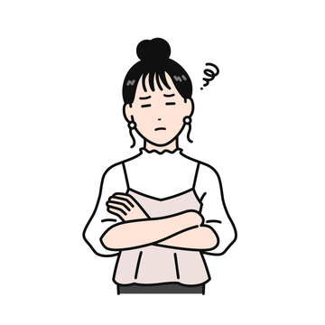 腕組みをして悩むまとめ髪の若い女性のシンプルなベクターイラスト素材