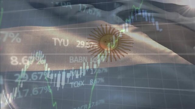 Animation of financial data processing over flag of argentina